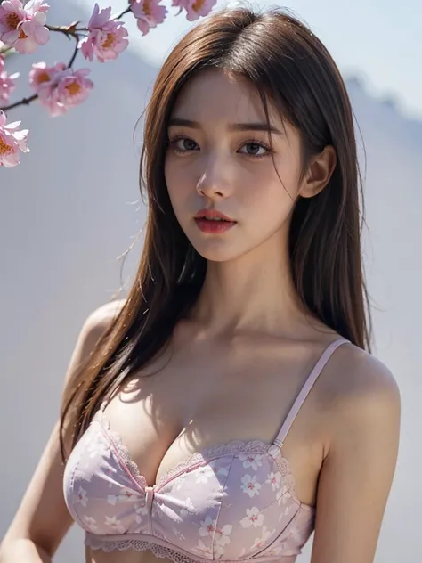 best quality, masterpiece, photorealistic, sexy Korean girl idol, shoulder level ombre color hair, Front, detailed face, detailed eyes, beautiful face, beautiful eyes, sunshine, sexy, skinny, wearing makeup, wearing pink floral pattern bra, huge breasts, f...