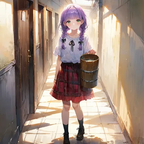 masterpiece, ultra detailed, 8K, full body shot,, a girl, kawaii, light atmosphere, (Cute a girl:1.5), (one girl with pale purple hair, wavy two braids, blunt bangs hair, green and black eyes :1.4),( a girl is wearing short-sleeved shirts, ribbon ties, and...