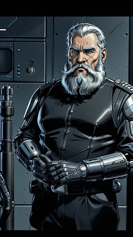 he is looking at his mechanical palm, he observes his own bionic hand, the space general aged 65 has long gray beard and long be...