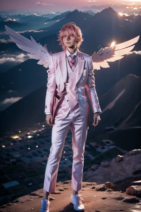 Elegant Angel Man Full Body Wearing White Suit With Pink Tie And Pink Hair. Background top of a mountain overlooking glowing clouds.