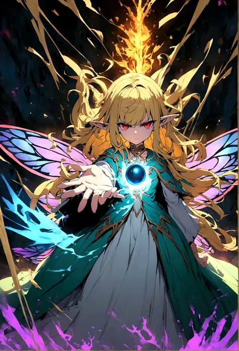 Fairy girl with wings and a magical black orb in hand, Classic Long Dress, Fairy Wings, Red eyes and Blonde Hair, Golden Hair, Serious face, Magic, arcane powers, RPG Character, pointy ears, look serious, casting a spell, casting arcane spell, blue spell, ...