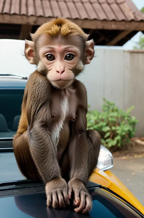 Close-up of a small monkey sitting on the car roof