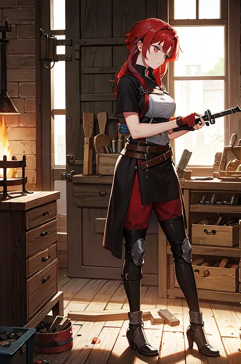 a red hair female blacksmith forging weapons in her workshop