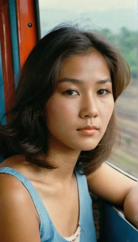 A shot taken from (((outside the window))) of a beautiful 17 year old asian girl in the 1970s, with her hair and clothing from the 1970s, the girl is sitting inside a 1970s ferris wheel looking out through the window, the glass of the window is somewhat ta...