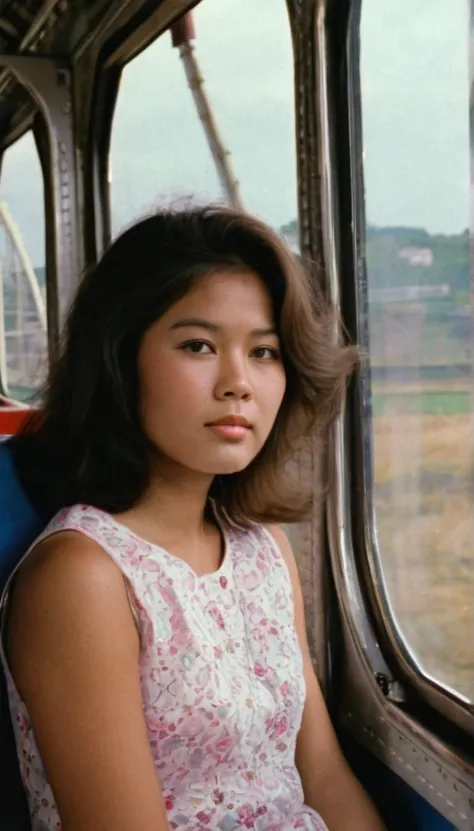 A shot taken from (((outside the window))) of a beautiful 17 year old asian girl in the 1970s, with her hair and clothing from the 1970s, the girl is sitting inside a 1970s ferris wheel looking out through the window, the glass of the window is somewhat ta...