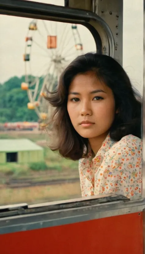 A shot taken from (((outside the window))) of a beautiful 17 year old asian girl in the 1970s, with her hair and clothing from the 1970s, the girl is sitting inside a 1970s ferris wheel looking out through the window, the glass of the window is somewhat ta...