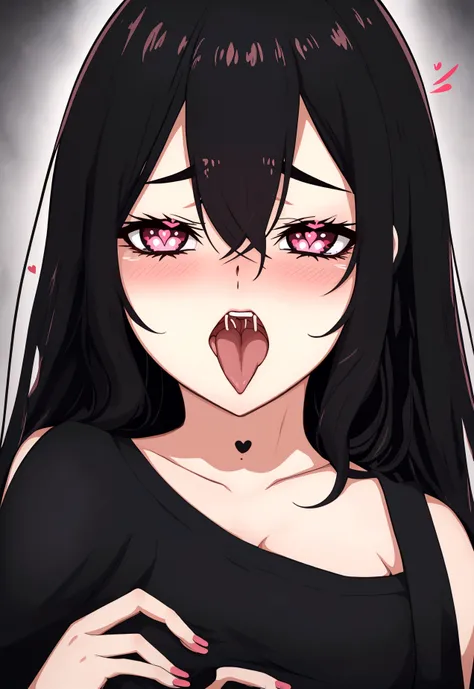 1girl, ahegao, rolling eyes, tongue out, full-face blush, heart in eye, black hair, bronzeada, coroa de flores pretas na cabeça, blusa arrastão, blusa de rede 
