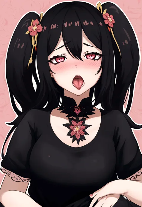 1girl, ahegao, rolling eyes, tongue out, full-face blush, heart in eye, black hair, bronzeada, coroa de flores pretas na cabeça, blusa arrastão, blusa de rede 
