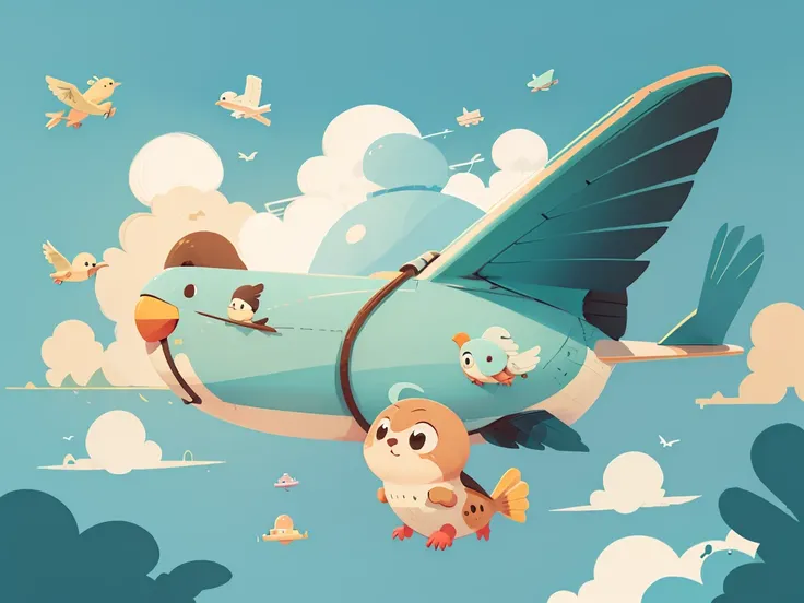 Flat style / Flat design，Sky，Airplane，Little bird / Birdie，Cute，Toy，Flight / Flying