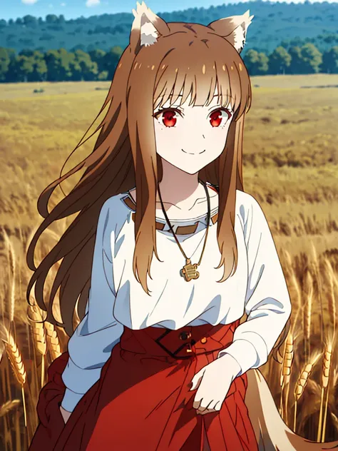 1girl, solo, masterpiece, best quality, illustration, absurdres, cute, film_grain, extremely detailed face, perfect lighting, light smile, full_body, long hair, brown hair, animal ears, red eyes, wolf tail, necklace, outdoors, plains, wheat,