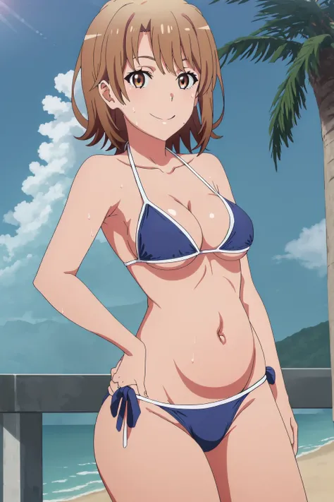 Highest quality, masterpiece, High resolution, alone, {Isshiki_ABC_yahariorenoseishunlovecomewamachigatteiru:1.15}, brown_hair, short_hair, brown_eye, One girl, 前hair, Smiling, looking at the viewer, blue theme, blue background, cloudy sky, sunlight, sweat...