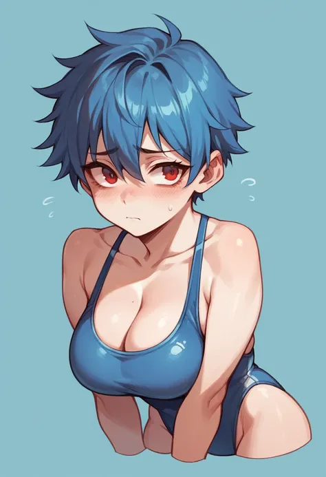 girl, blue hair, red eyes, white skin, clear eyes, cute, wearing a swimsuit, big breasts, short hair, tomboy, shy, blue background 