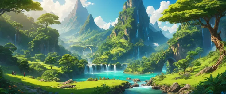 (anime, fantasy, landscape), (detailed CG unity 8k wallpaper, masterpiece, best quality, ultra-detailed, HDR:1.2), vibrant colors, intricate, high FXAA, fantasy land that defy gravity, mountains cape, river flowing up, unique vegetation, bending tree, gian...