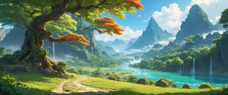 (anime, fantasy, landscape), (detailed CG unity 8k wallpaper, masterpiece, best quality, ultra-detailed, HDR:1.2), vibrant colors, intricate, high FXAA, fantasy land that defy gravity, mountains cape, river flowing up, unique vegetation, bending tree, gian...