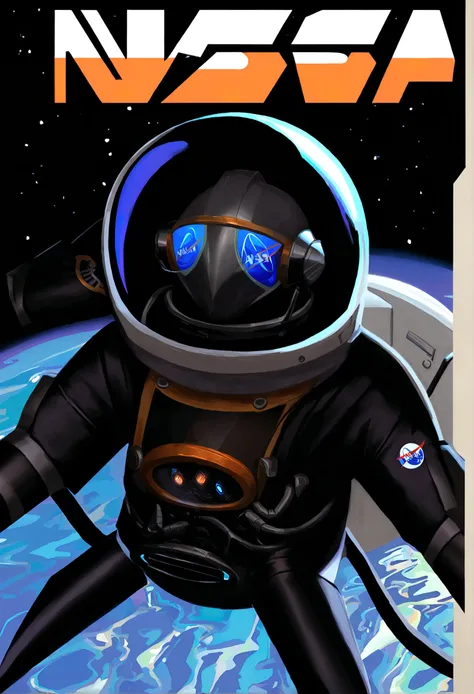 A robot (NASA logos, styled after a 1950s astronaut, obvious hydraulics and mechanical components, lit eyes behind black visor) is clinging to the exterior of a NASA rocket in space performing maintenance
