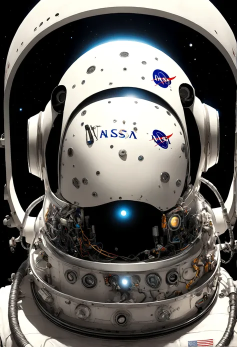 A robot (NASA logos, styled after a 1950s astronaut, obvious hydraulics and mechanical components, lit eyes behind black visor) is clinging to the exterior of a NASA rocket in space performing maintenance
