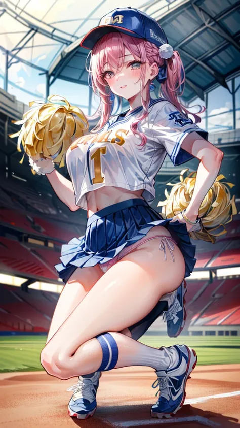 (Best quality, 8k, 32k, Masterpiece, UHD,:1.2),RAW, 1girl,ultra cute , natural lighting,transparent shining eyes, 20yo ,fair complexion, long hair, french braid, flushed face,femur, ,dynamic pose, (seductive smile, upper eyes, parted lips),(cheerleader wit...