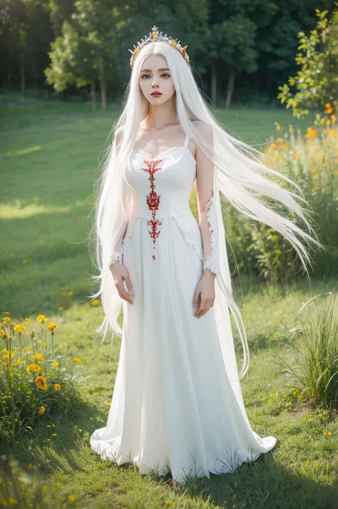 highest quality,girl,whole body,long hair,White hair,Skull Marine Pin,One hand is a prosthetic body,Fantasy: White aristocratic dress with red decorations,orange eyes,Meadow Background,girl standing bravely