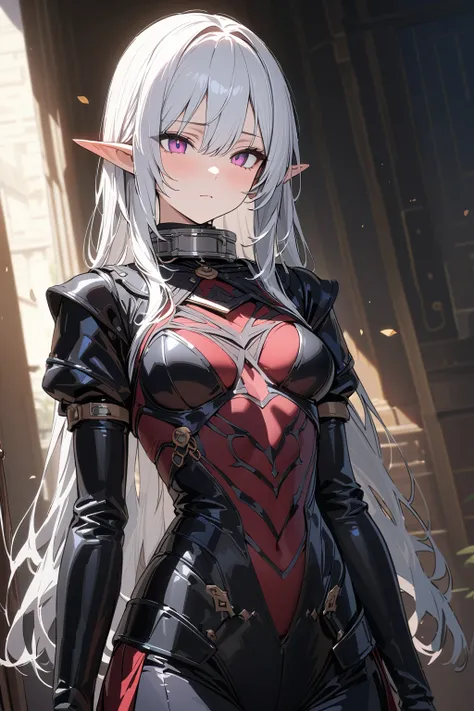 (masterpiece, best quality:1.5), (ultra detailed, high resolution, 8k, beautiful detailed, UHD, best anatomy), white hair, flat breasts, 1  elf, Poorly made clothes, slave, iron collar, submissive, expressionless, emotionless, no light in the eyes, monoton...