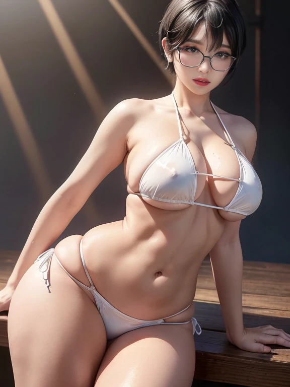 8K, RAW Photos, Highest quality, masterpiece, Realistic, Realistic, (1 Ultimate beauty), Mature Woman,(Strictly adhere to a composition where only one person appears in the photo)、(wear rimless glasses)((Wearing a white string bikini)) ((Show your body lin...