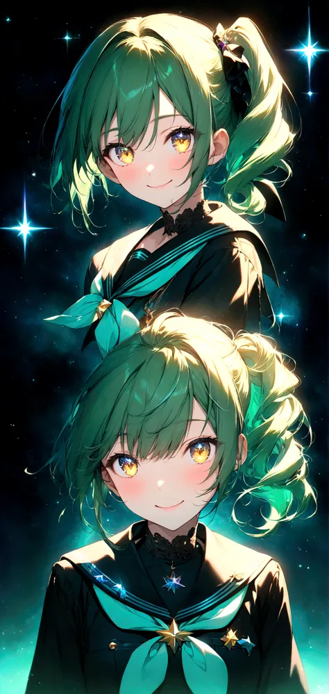 anime gile portrait,kawaii,fantastic style,one beautiful girl with starry eyes, ,Emerald green hair, side ponytail, gold eyes, smile, sailor suitmasterpiece, surrounded by stars,eyes sparkling like stars,best quality,ultra detailed,ultra high definition,hi...