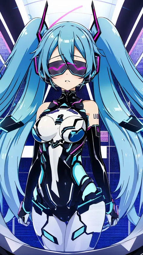 hatsune miku vocaloid, twin tails, bright blue eyes, light blue hair, bodysuits, cyber punk, ultimate physical beauty, beautiful...