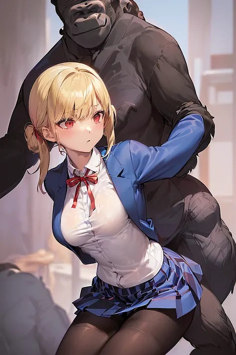 masterpiece, best quality,anime style, 1 girl,(((slender body))), (((small breast))),(((blue blazer,white shirt,checkered pleated skirt,red ribbon,black pantyhose))),(((((a gorilla man grabbing the girl))))), ((((restrained, arms behind back)))),((((cum)))...