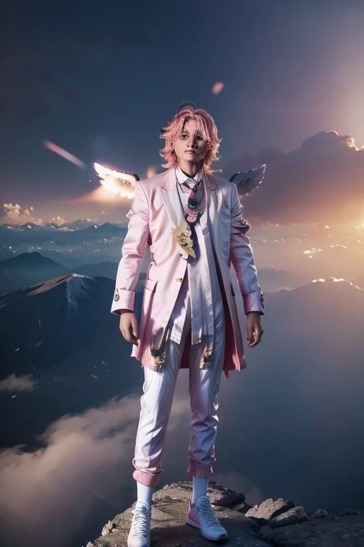 Angel Man Full Body Wearing White Suit and white shoes With Pink Tie And Pink Hair white big wings. Background top of a mountain overlooking glowing clouds., cinematic lighting, god rays, UHD, anatomically correct