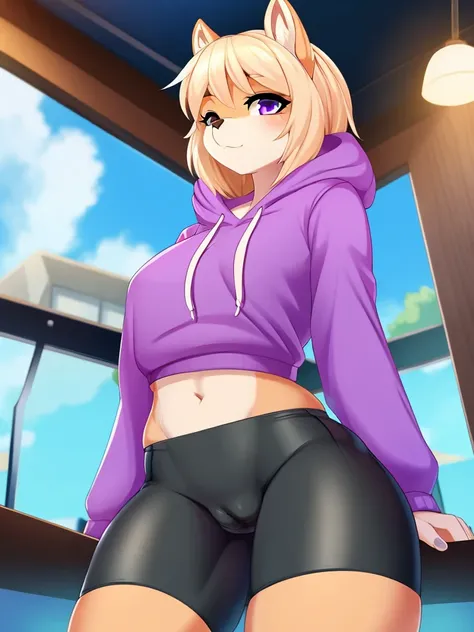 furry, furry woman, solo, purple top, hoodie, (tight shorts), cameltoe, high quality 