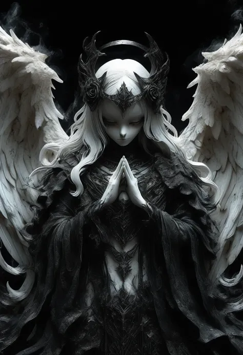 painting of the dark fallen angel lucifer surrounded by dark wings, black and white mobius strip, white wings twirling and dark ...