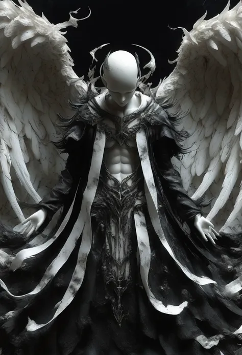 painting of the dark fallen angel lucifer surrounded by dark wings, black and white mobius strip, white wings twirling and dark ...