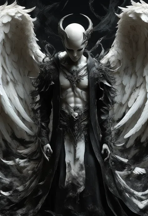 painting of the dark fallen angel lucifer surrounded by dark wings, black and white mobius strip, white wings twirling and dark ...