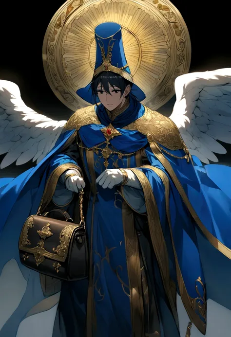 Black flying male ghost, black eyes, wearing a blue cloak with gold trim, a tall blue hat with gold trim, angel wings decorating both sides of the hat, carrying a leather bag.