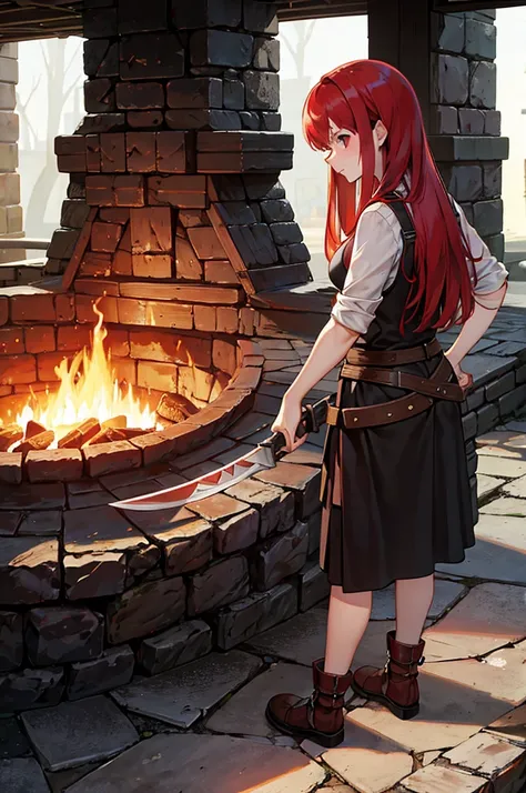 a red hair female blacksmith forging giant weapons in her smithy