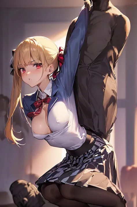 masterpiece, best quality,anime style, 1 girl,(((slender body))), (((small breast))),(((blue blazer,white shirt,checkered pleated skirt,red ribbon,black pantyhose))),(((((a gorilla man grabbing the girl))))), ((((restrained, arms behind back)))),((((cum)))...