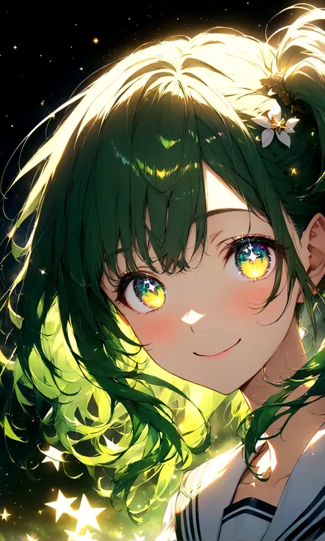 anime gile portrait,kawaii,fantastic style,one beautiful girl with starry eyes, ,Emerald green hair, side ponytail, gold eyes, smile, sailor suitmasterpiece, surrounded by stars,eyes sparkling like stars,best quality,ultra detailed,ultra high definition,hi...