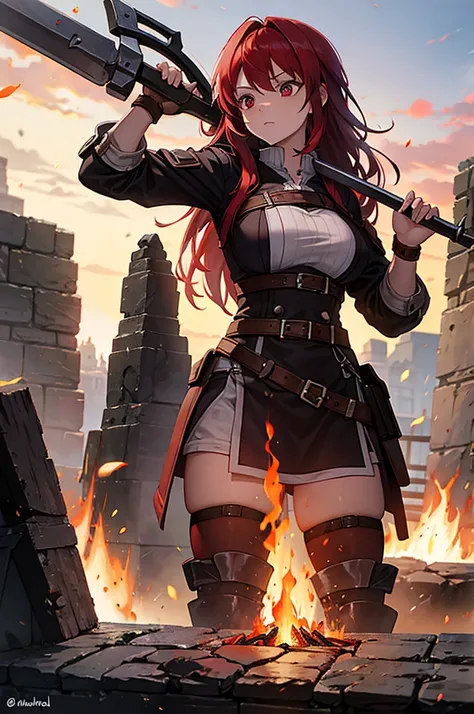 a red hair female blacksmith forging giant weapons in her smithy