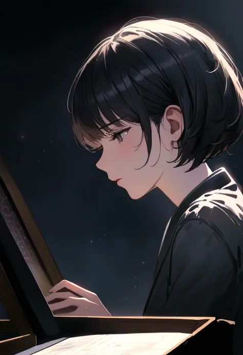 Portrait of a young woman, beautiful,((( sad ))),(desire), Monet, Dynamic Lighting, Art Station, poster, Volumetric Lighting, Close your eyes,Very detailed face, 4K, Grant,, 1 Girl, in the darkness, Deep Shadows, Careful,((( short hair))), (((Black Hair)))