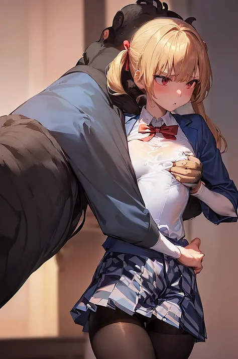 masterpiece, best quality,anime style, 1 girl,(((slender body))), (((small breast))),(((blue blazer,white shirt,checkered pleated skirt,red ribbon,black pantyhose))),(((((a gorilla man grabbing the girl))))), ((((restrained, arms behind back)))),((((cum)))...