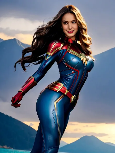 "Create an image of a beautiful American woman in her 20s or 30s. She has long, flowing hair and is wearing a Captain Marvel Costume.　Her body is glamorous with large breasts and a big butt. She has a smiling.The whole body is shown.arms behind head.She is...