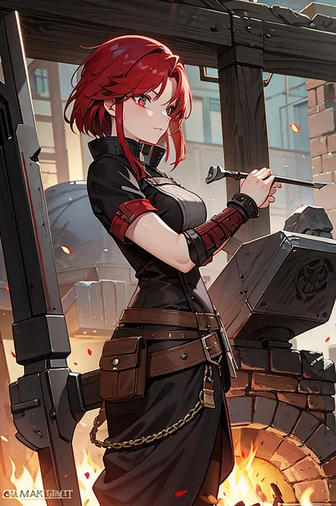 a red hair female blacksmith forging giant weapons in her smithy