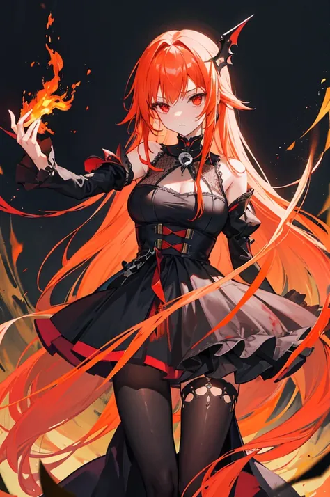 highest quality,girl,whole body,long hair,Red and orange gradient hair that flickers like fire,skull hairpin,One hand is a prosthetic body,Fantasy item: aristocratic dress in black with yellow trim.,red eyes,Meadow Background,girl standing bravely,Fire bur...