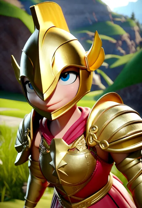 create a beautiful and cute smiling duckling warrior with golden helmet, golden sword and golden shield. The shield that bears the colors red,yellow and green. Also put a pink skirt with calypso in PixAr format, render3d.
beautiful landscape background, St...