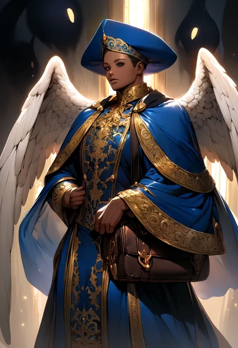 Black flying male ghost, black eyes, wearing a blue cloak with gold trim, a tall blue hat with gold trim, angel wings decorating both sides of the hat, carrying a leather bag.