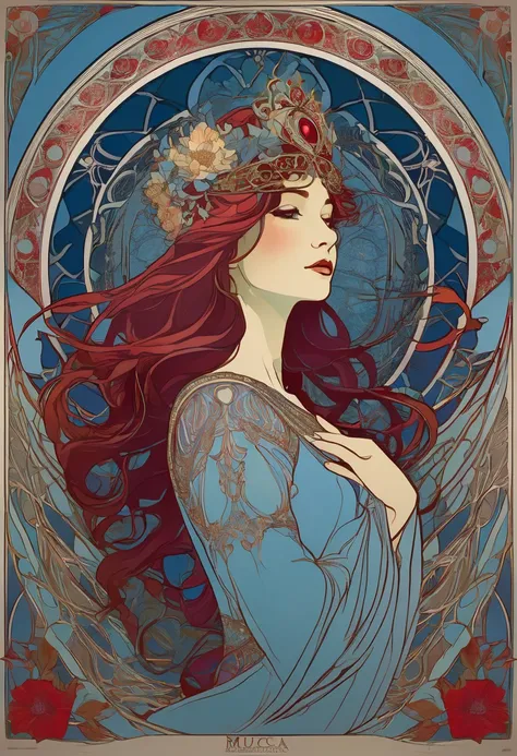 A superb vintage poster inspired by the art of Alfons Mucha, depicting a woman dressed in a blue dress and a crown adorned with rubies on her head. She has long, wavy hair. The background is a mix of intricate floral and geometric shapes. The overall desig...