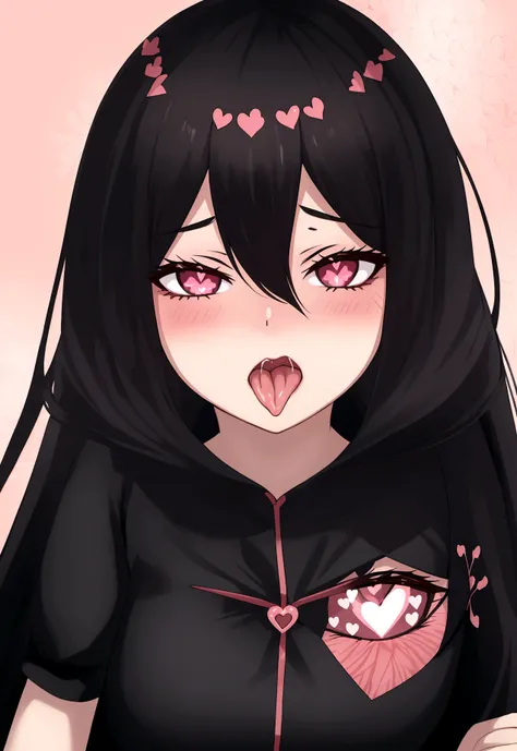 1girl, ahegao, rolling eyes, tongue out, full-face blush, heart in eye, black hair, bronzeada, coroa de flores pretas na cabeça, blusa arrastão, blusa de rede