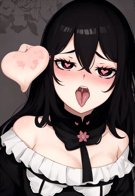 ,1girl, ahegao, rolling eyes, tongue out, full-face blush, heart in eye, black hair, bronzeada, coroa de flores pretas na cabeça, blusa arrastão, blusa de rede