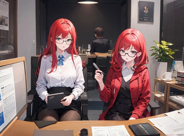 A man with glasses operating a PC、The redhead woman sitting next to him is 29 years old.,４ｋ