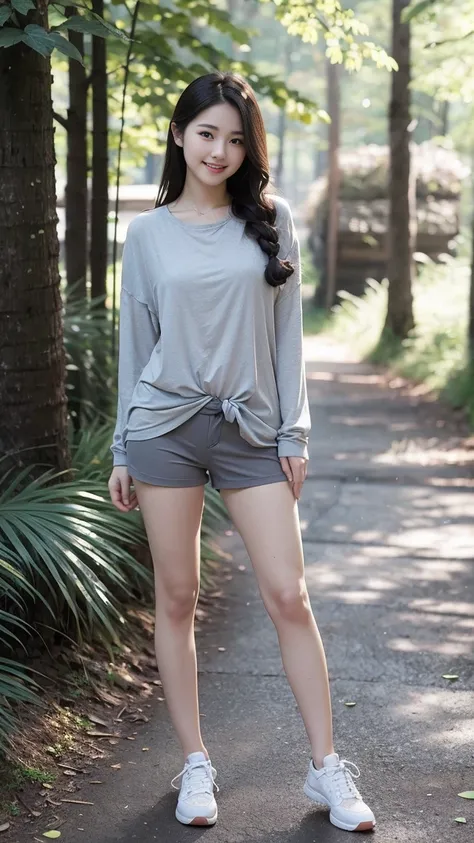 masterpiece, best quality, Surreal, Ultra Detailed, 8k resolution, RAW photos, Clear focus, (A girl in the forest), ((light gray shirt:1.1)),  sleeveless, sports Shorts,Full body posture, Solitary, Perfect body, Become a, 32 inches in the chest,(a charming...