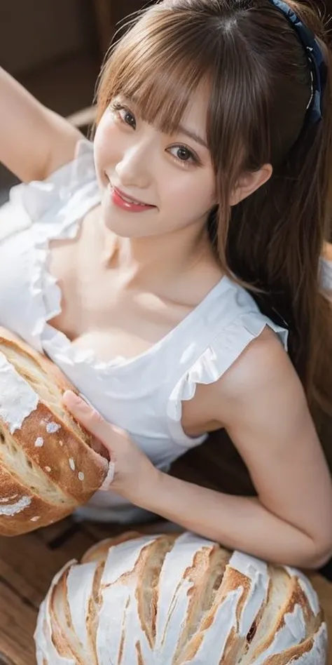 (((Low - Angle:1.4)))、((One hand raised))、((She is wearing a colorful and pop blouse and apron.)),(;have big bread))、(((Spread your legs:1.4)))、,(((beautiful armpits:1.2)))、High resolution、Bakery、16-year-old girl、smile、Finished as in the picture、white and ...